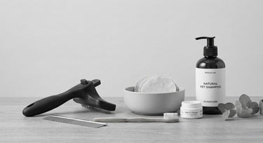 Purrpurr pet hygiene products and grooming tools in a grayscale flat lay, including organic pet shampoo, dental powder, a bamboo toothbrush, a metal comb, and a slicker brush on a light wooden background.