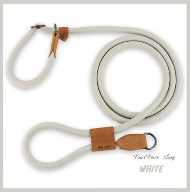 "WHITE colored PawStride™ leash arranged to show adjustable features and chain design"