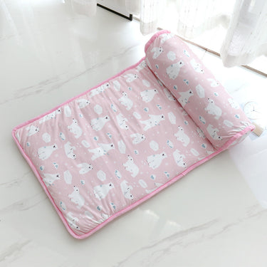"Pink and White Bear design pet cooling mat – soft, machine-washable pad"