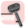 A handheld black electronic pet grooming brush featuring fine metal bristles and a central misting nozzle. The ergonomic handle includes a power button and a USB-C charging port. The device is displayed against a soft pink background with the text "PurrPurr Mist-Groomer: Safe for Cats & Dogs and boosts skin health."