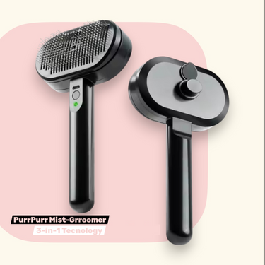 Two views of the black PurrPurr Mist-Groomer pet brush against a pink and cream background. The left view shows the bristle side with a green indicator light and USB-C port active; the right view shows the back of the brush head featuring the water reservoir cap and misting button. Text at the bottom reads "PurrPurr Mist-Grroomer 3-in-1 Tecnology."