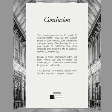 The Prestige Code – Digital eBook cover showing a sleek minimalist design with gold and black text, highlighting 50 powerful affirmations for success, resilience, and confidence.